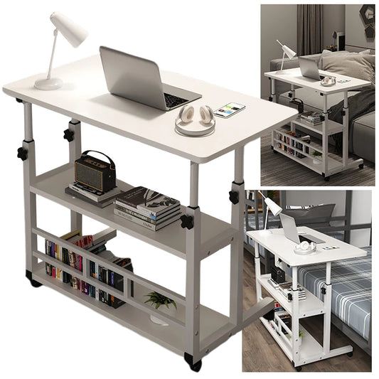 Adjustable Bedside Laptop Desk With Rolling Wheels And Multi Layer Storage