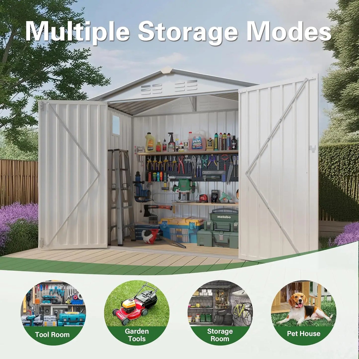 Outdoor Metal Storage Shed With Sloped Roof Lockable Aluminum Frame Garden
