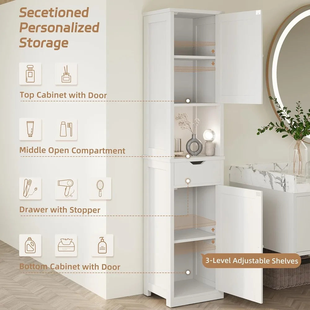 Tall Slim Corner Bathroom Storage Cabinet With Doors and Drawer