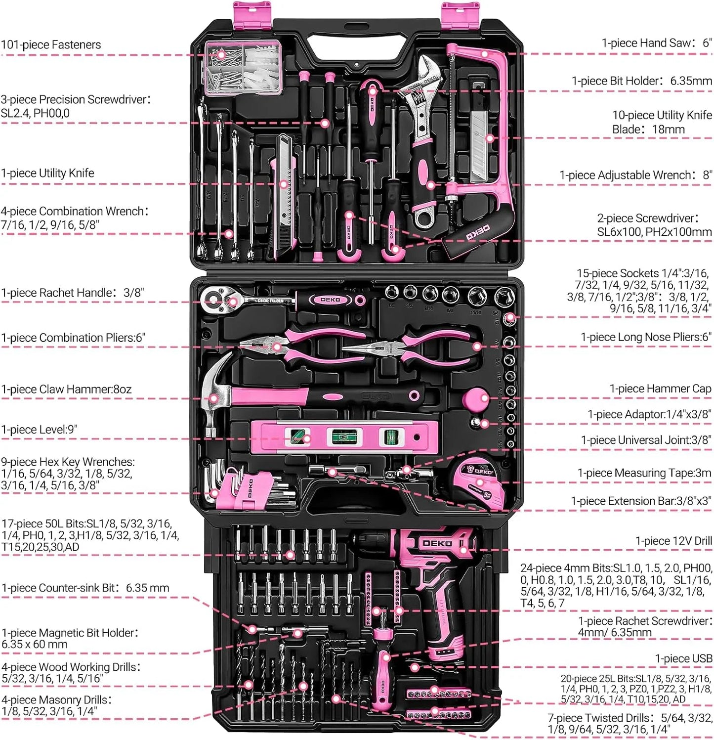 DEKO 12V Cordless Drill Tool Set With Storage Organizer Case