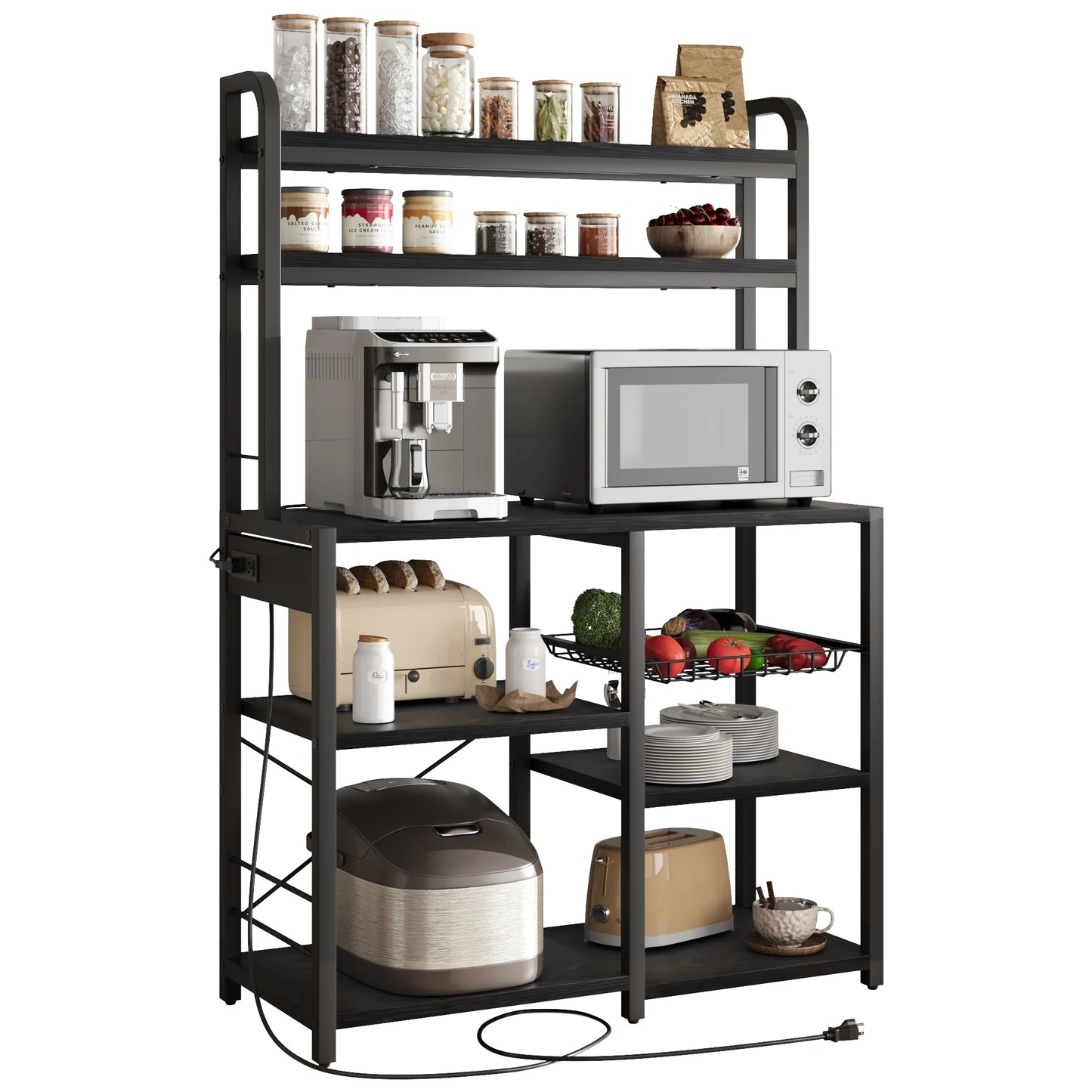 Six Tier Bakers Rack With Power Outlet And Wire Drawer