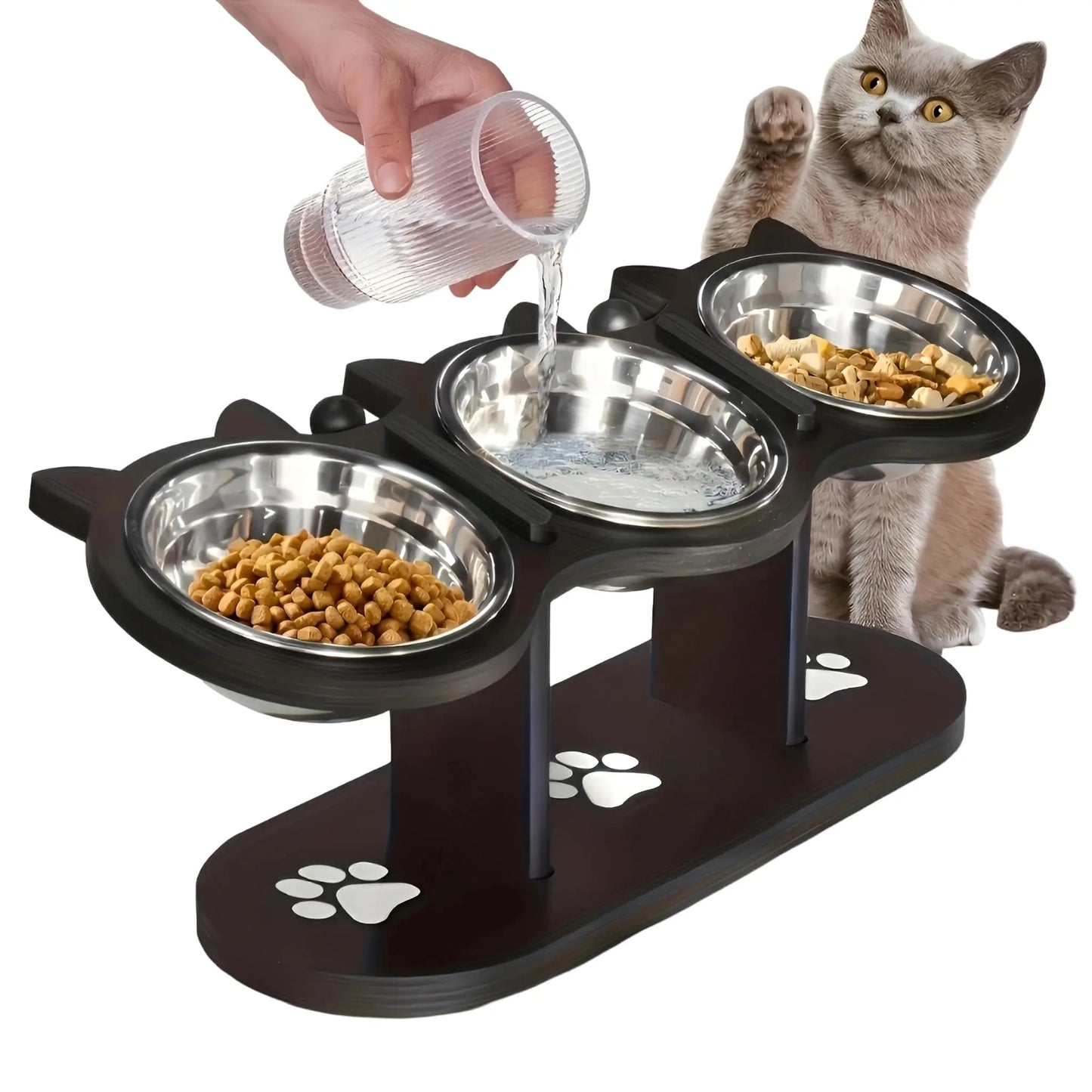 Elevated Cat Feeding Bowl With 15 Degree Tilt Wooden Stand