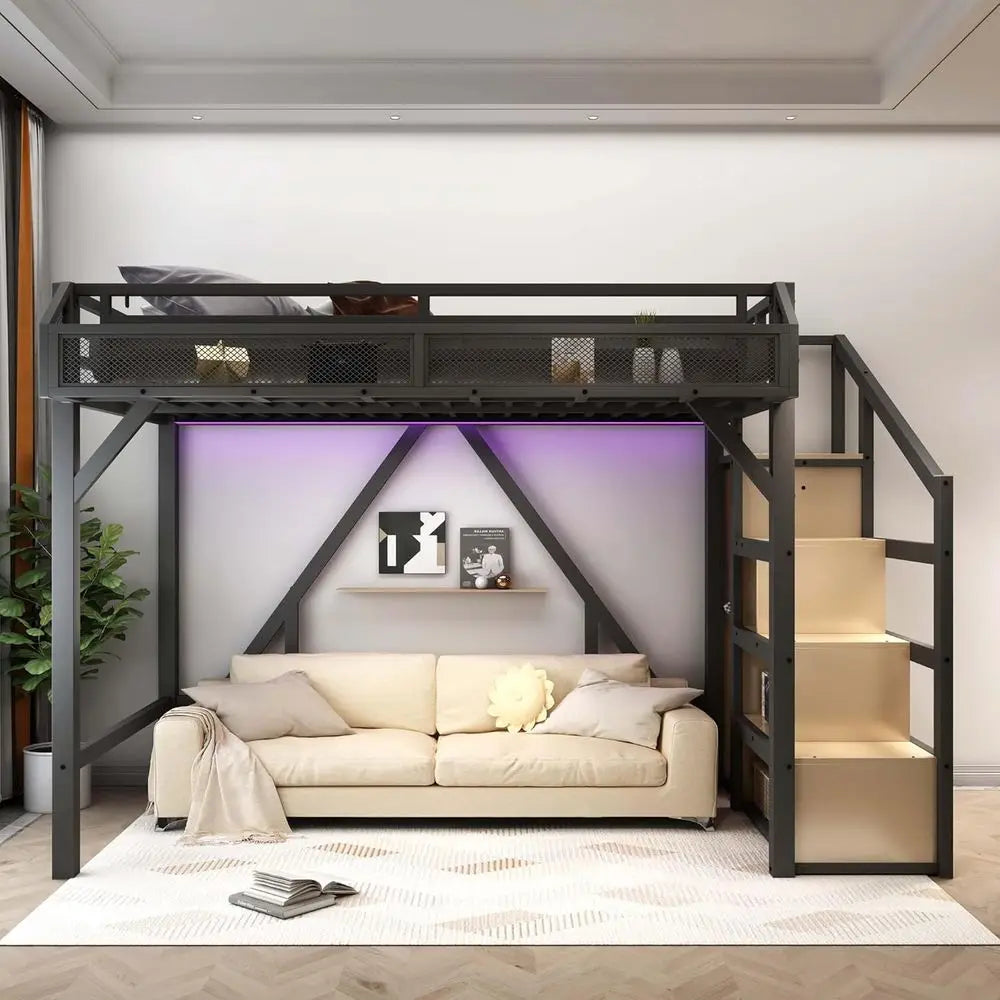 Bed With Storage Steps LED USB Ports Metal Frame Wardrobe