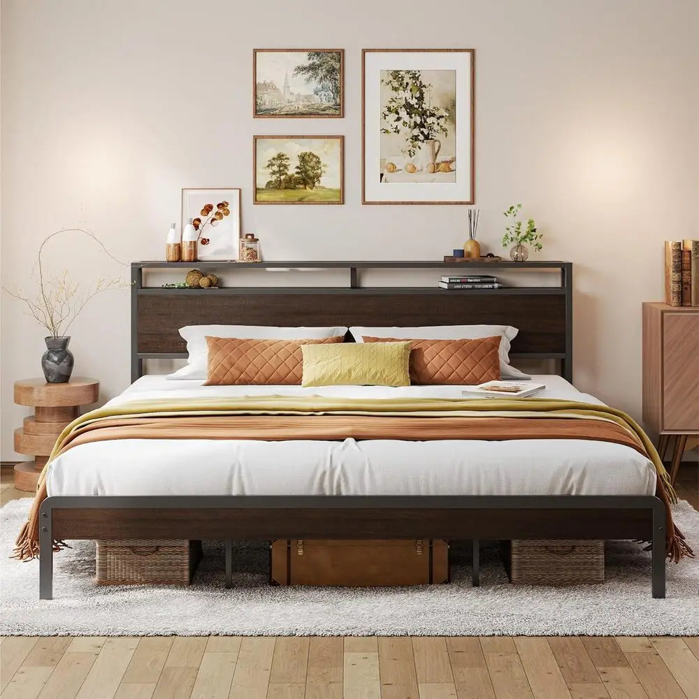 Likimio Bed Frame With Headboard Dark Wood No Box Spring