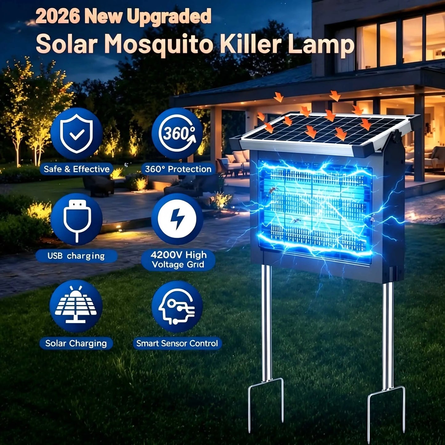 Solar Mosquito Zapper 4500V Outdoor Waterproof With Panel Sensor