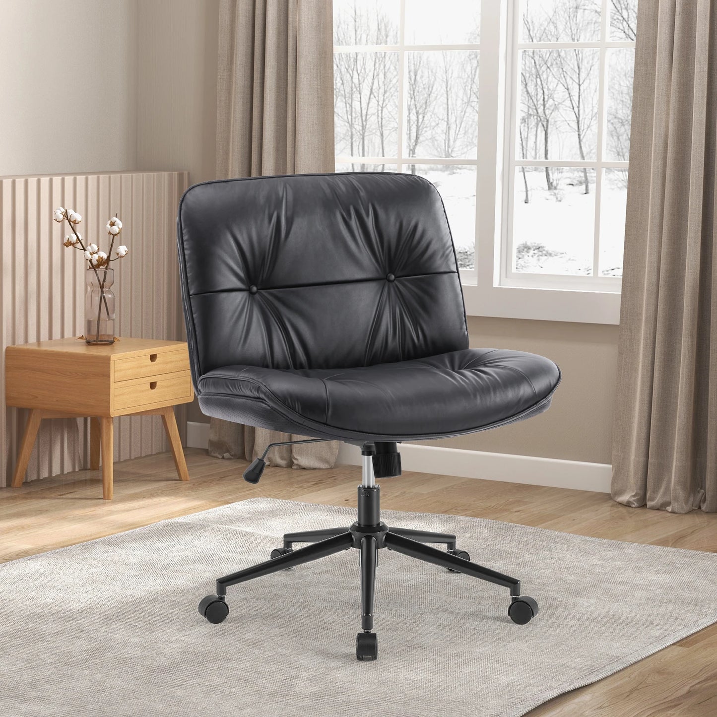 JHK Cross Legged PU Leather Office Chair With Wheels