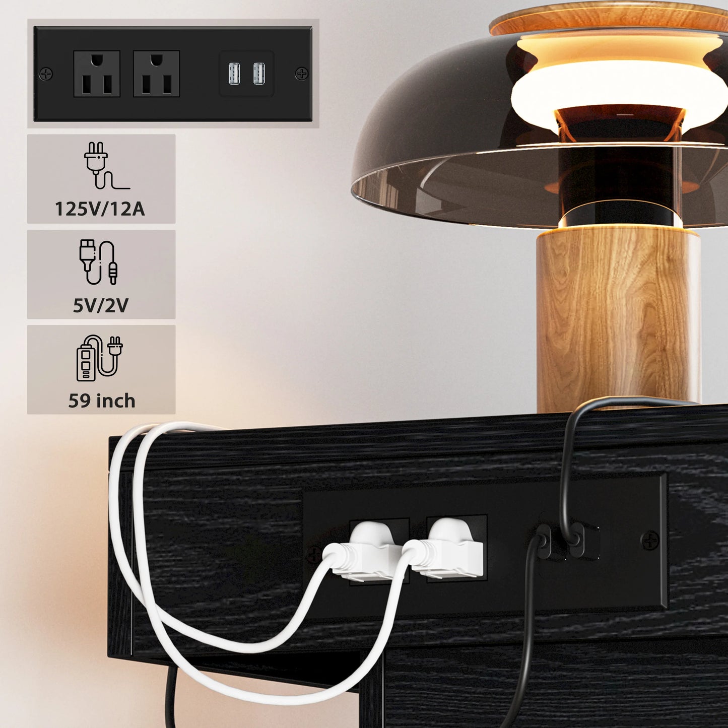 LIKIMIO Modern Night Stand With Charging Station And LED Light