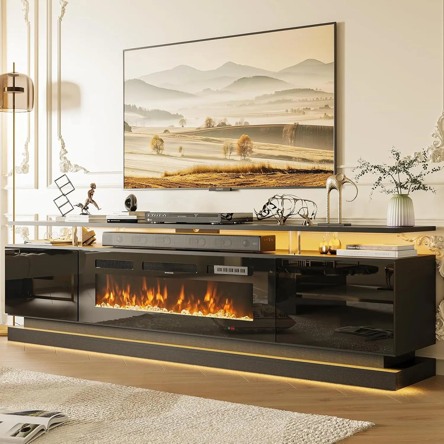 Modern Fireplace TV Stand With Glass Doors And Storage