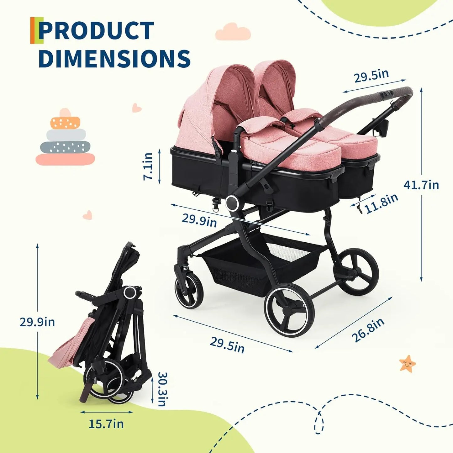 HiMISS Side By Side Twin Stroller Lightweight Foldable Travel