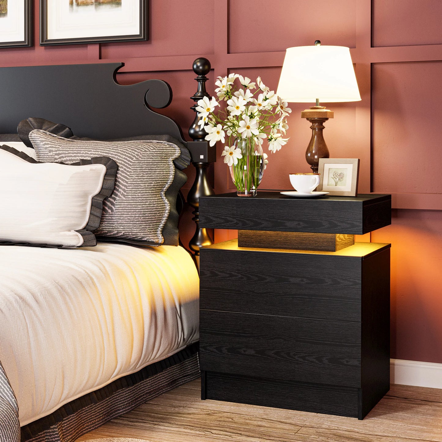 LIKIMIO Modern Night Stand With Charging Station And LED Light