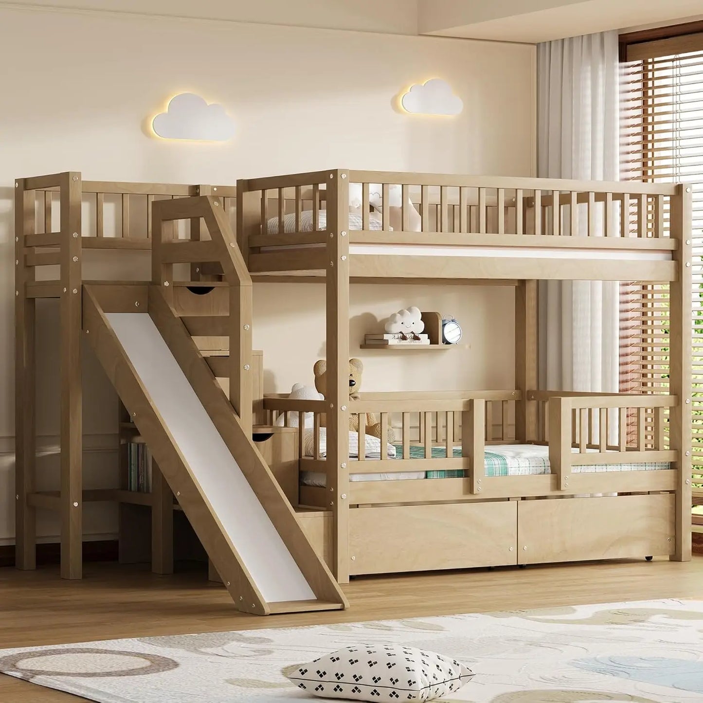 Twin Over Twin Bunk Bed With Slide Staircase And Drawers