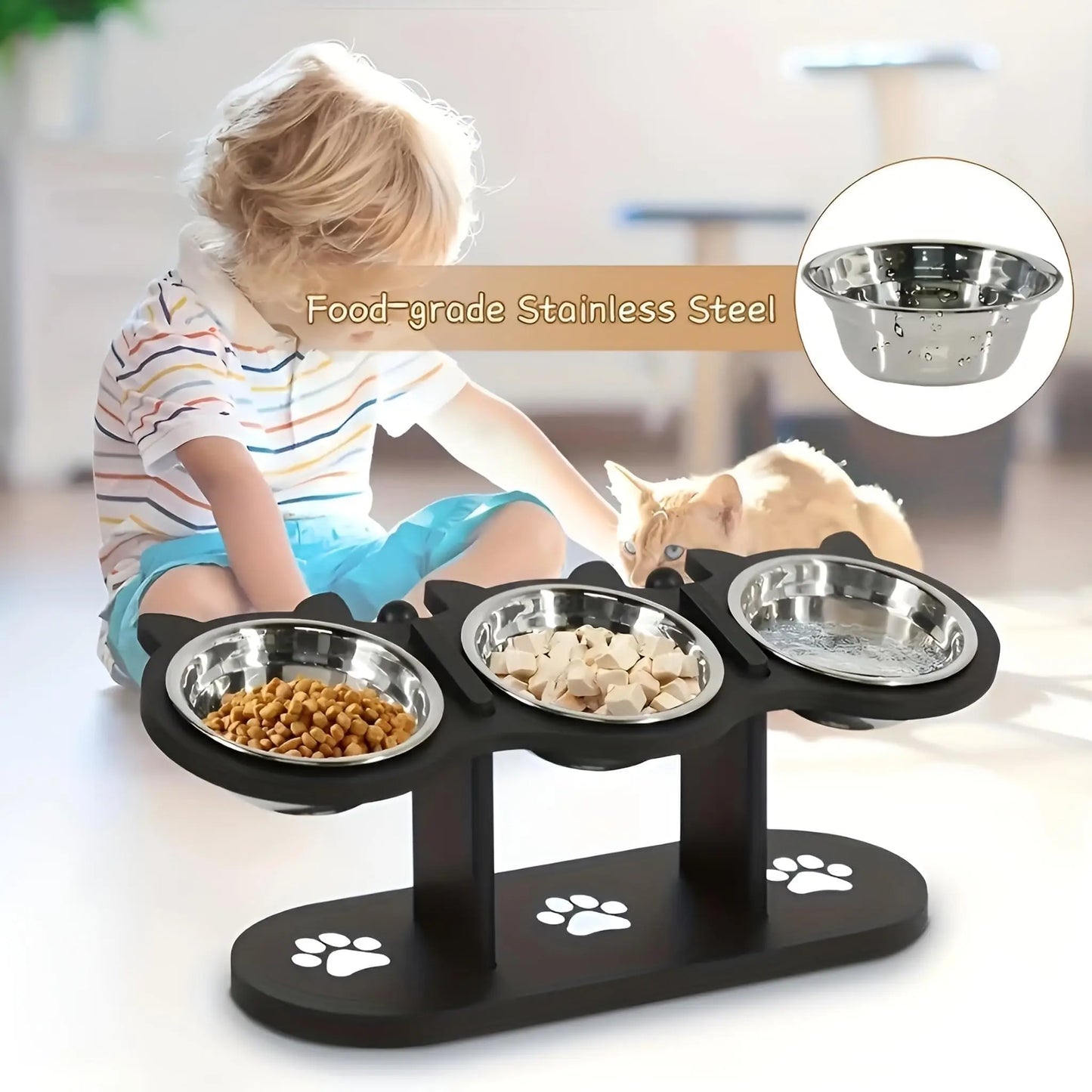 Elevated Cat Feeding Bowl With 15 Degree Tilt Wooden Stand