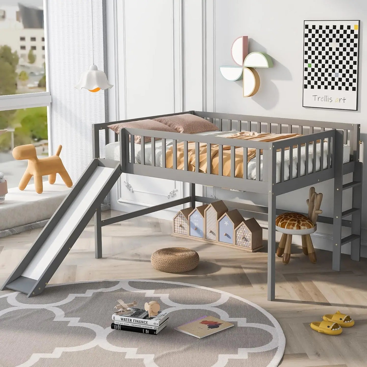 Loft Bed With Slide For Kids In Wood Durable Design