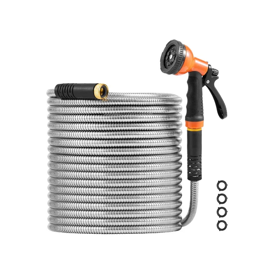 Metal Garden Hose Stainless Steel Flexible No-Kink With 10-Function Nozzle
