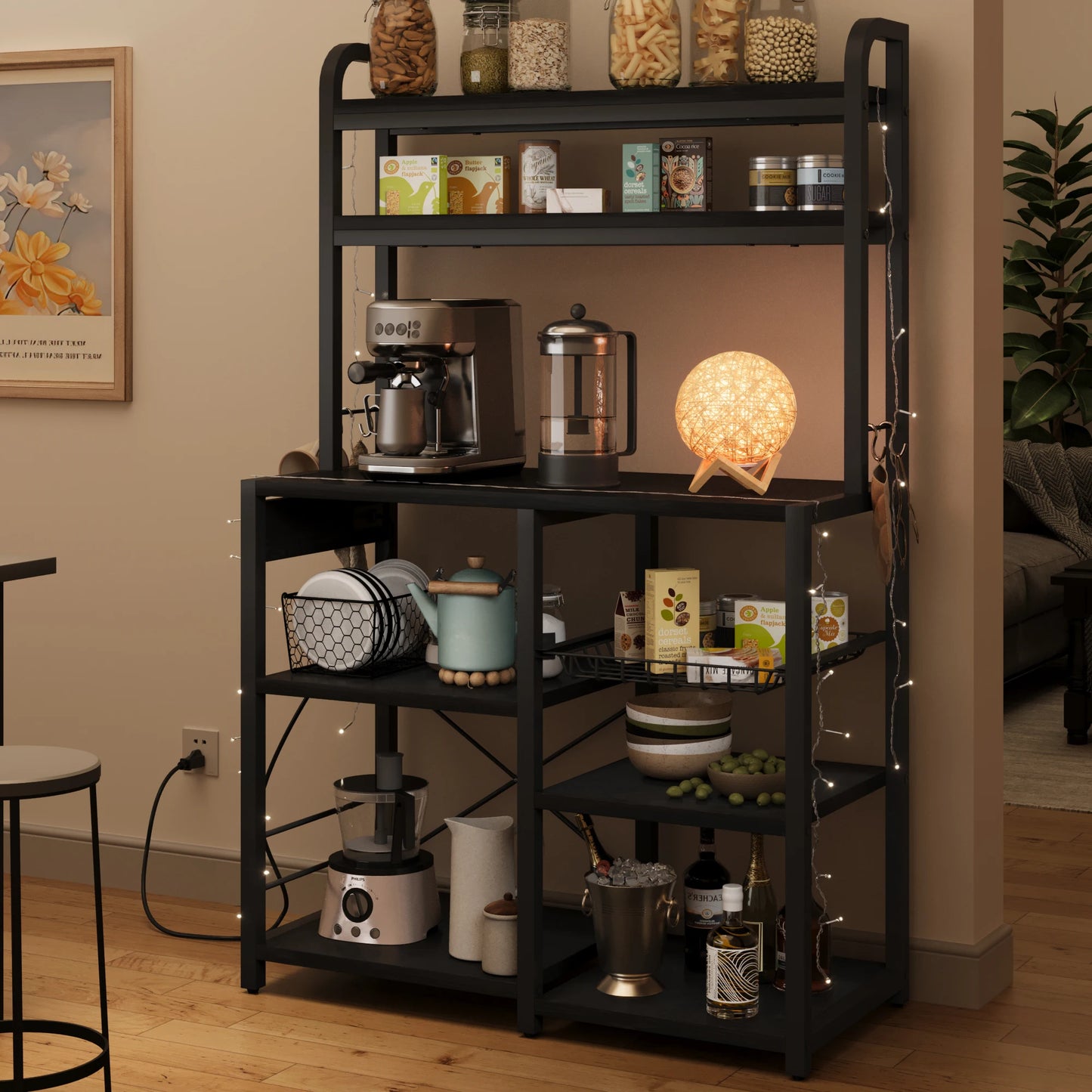 Six Tier Bakers Rack With Power Outlet And Wire Drawer