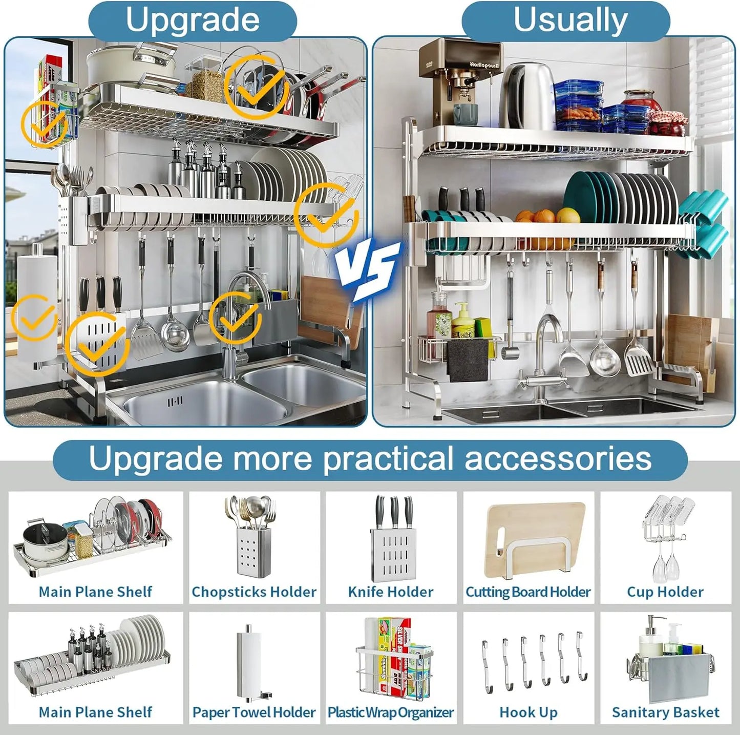 Over-Sink Dish Drying Rack, 3-Tier Adjustable Stainless Steel Organizer