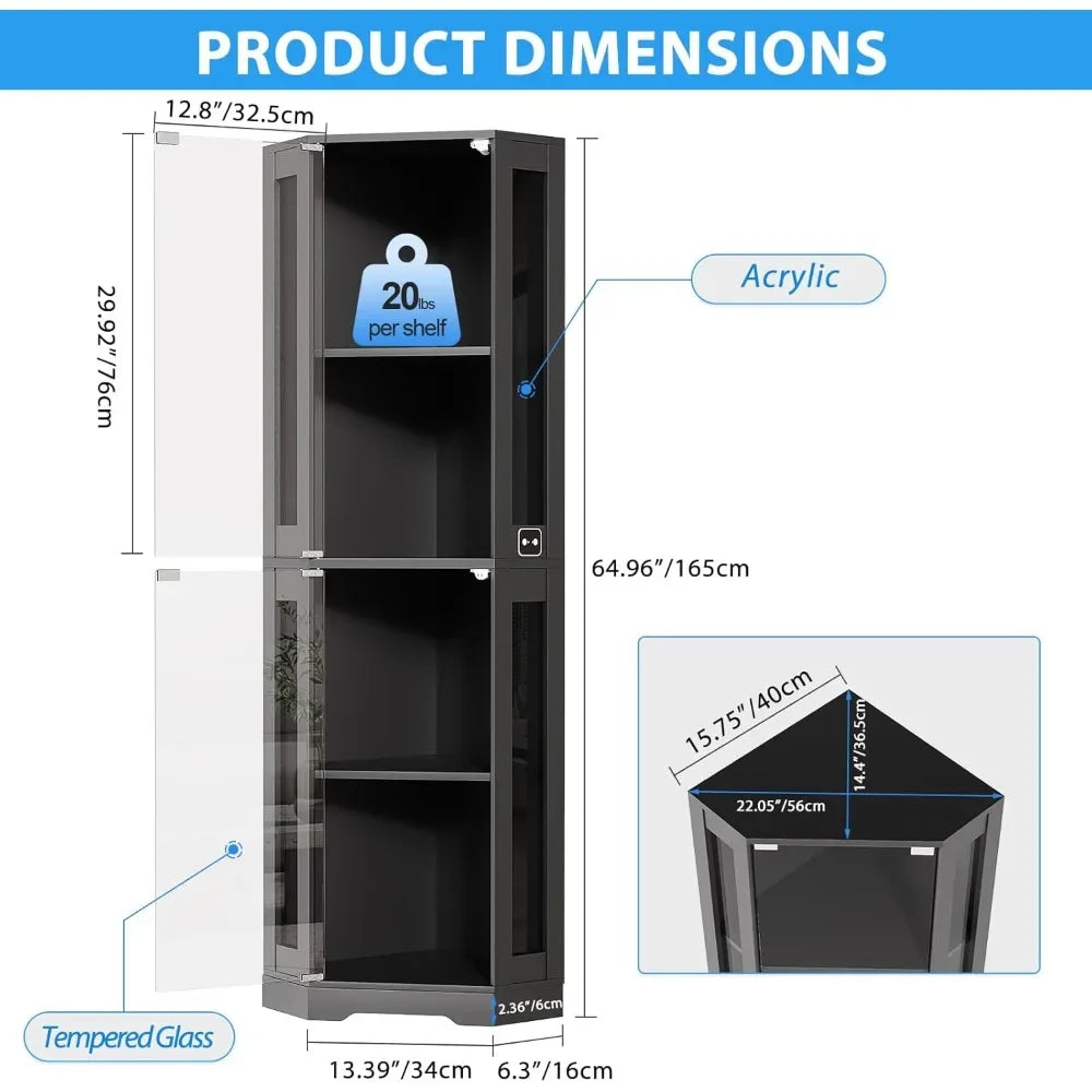 Corner Glass Display Cabinet with LED Lights, 4-Tier Showcase
