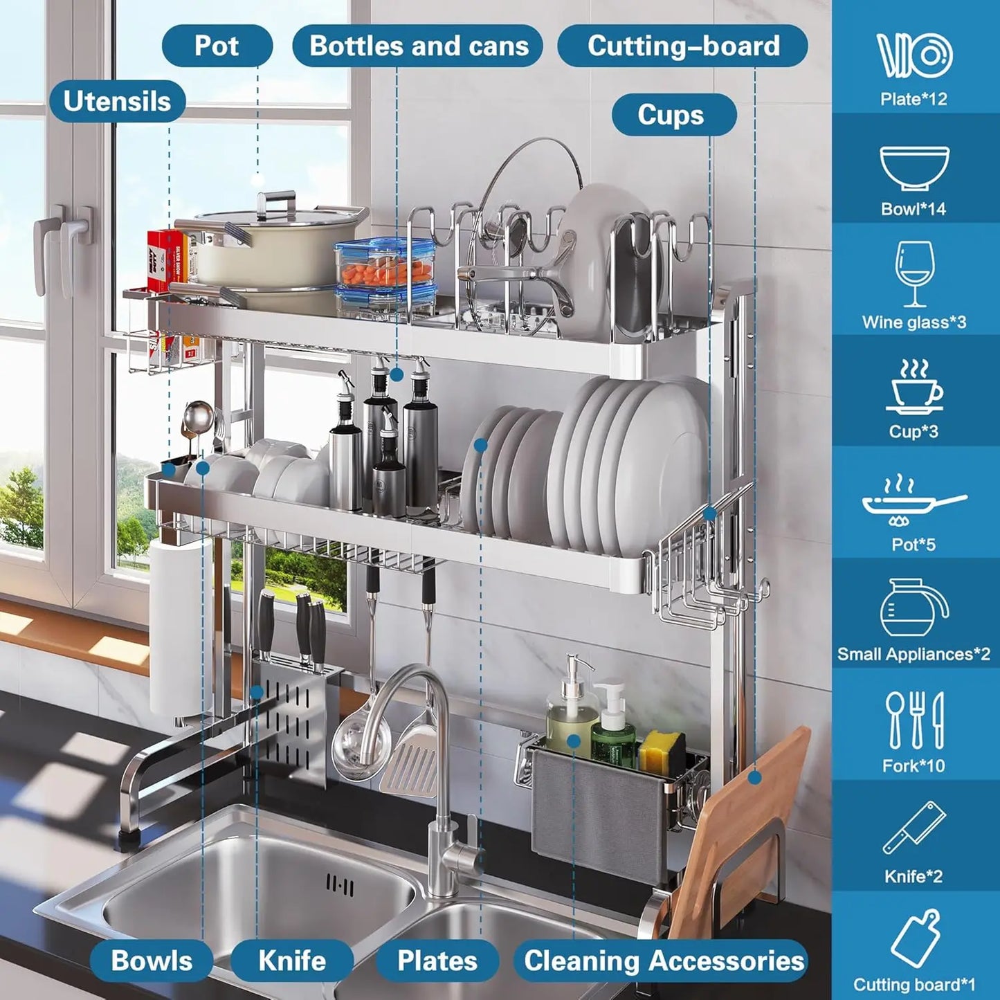 Over-Sink Dish Drying Rack, 3-Tier Adjustable Stainless Steel Organizer