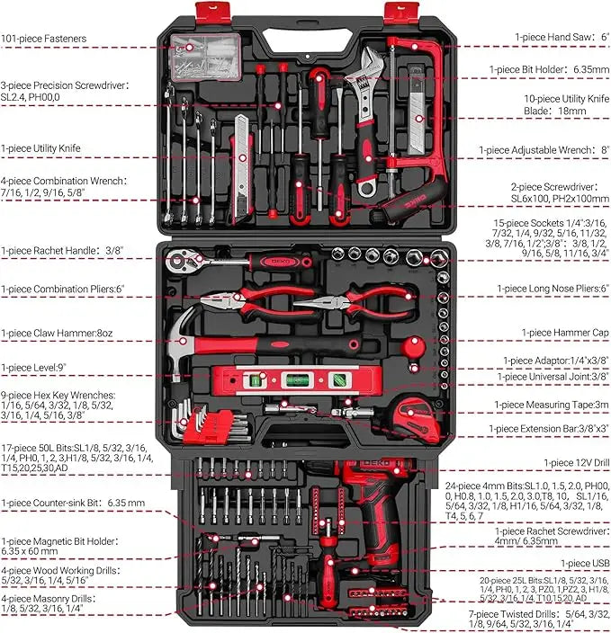 DEKO 12V Power Cordless Drill Mechanic Toolbox With Accessories Kit