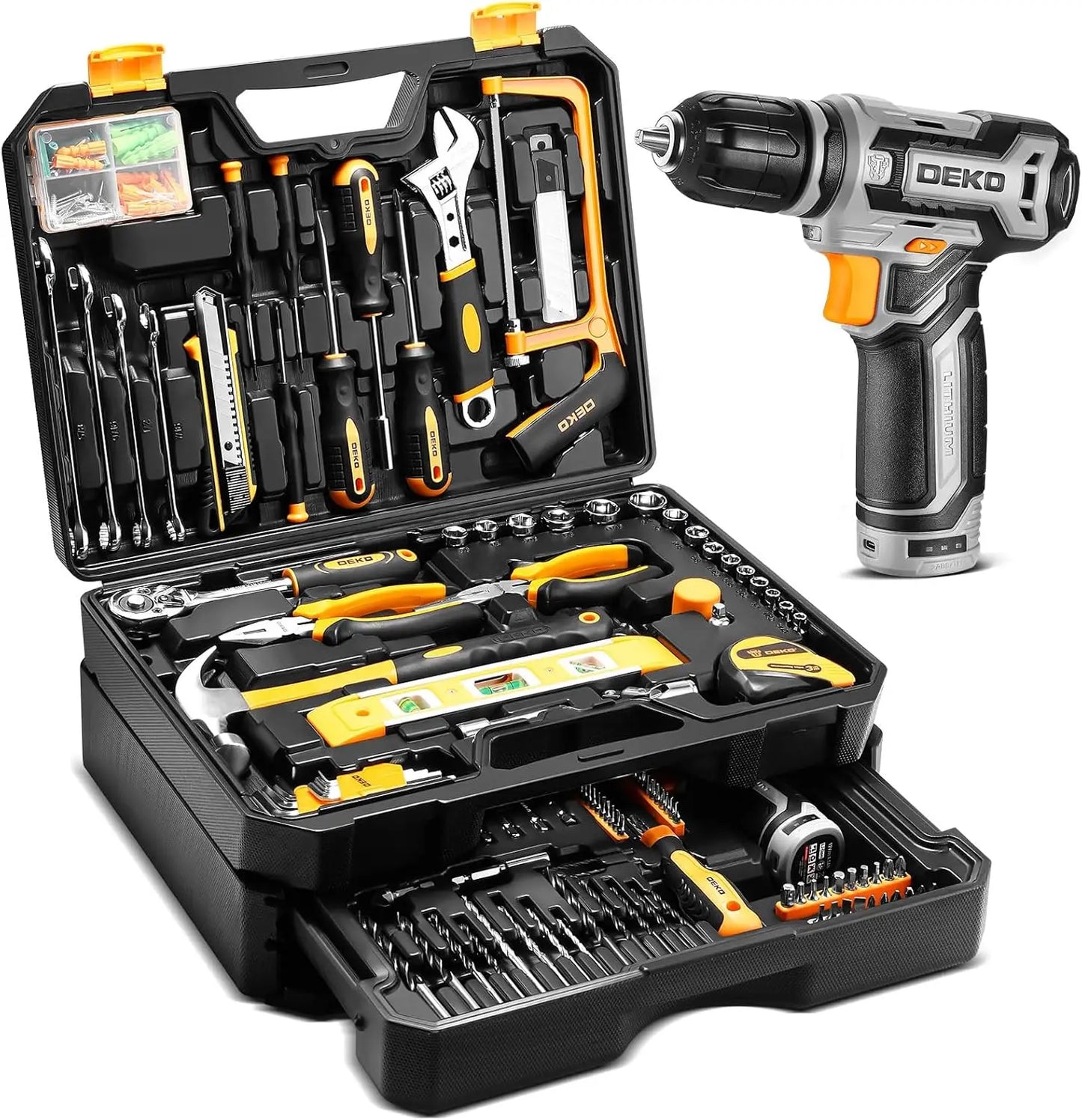DEKO 12V Power Cordless Drill Mechanic Toolbox With Accessories Kit