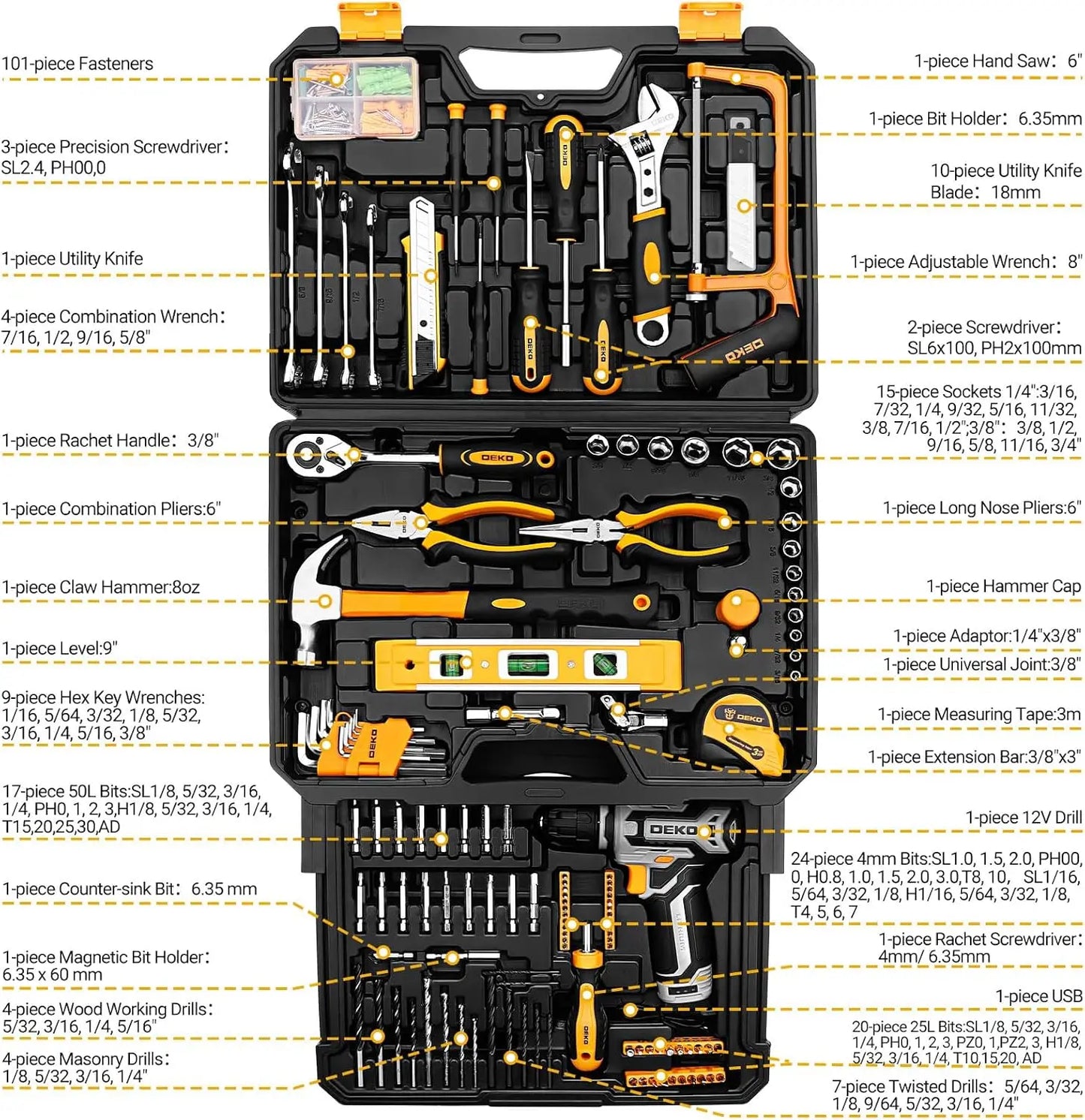 DEKO 12V Power Cordless Drill Mechanic Toolbox With Accessories Kit