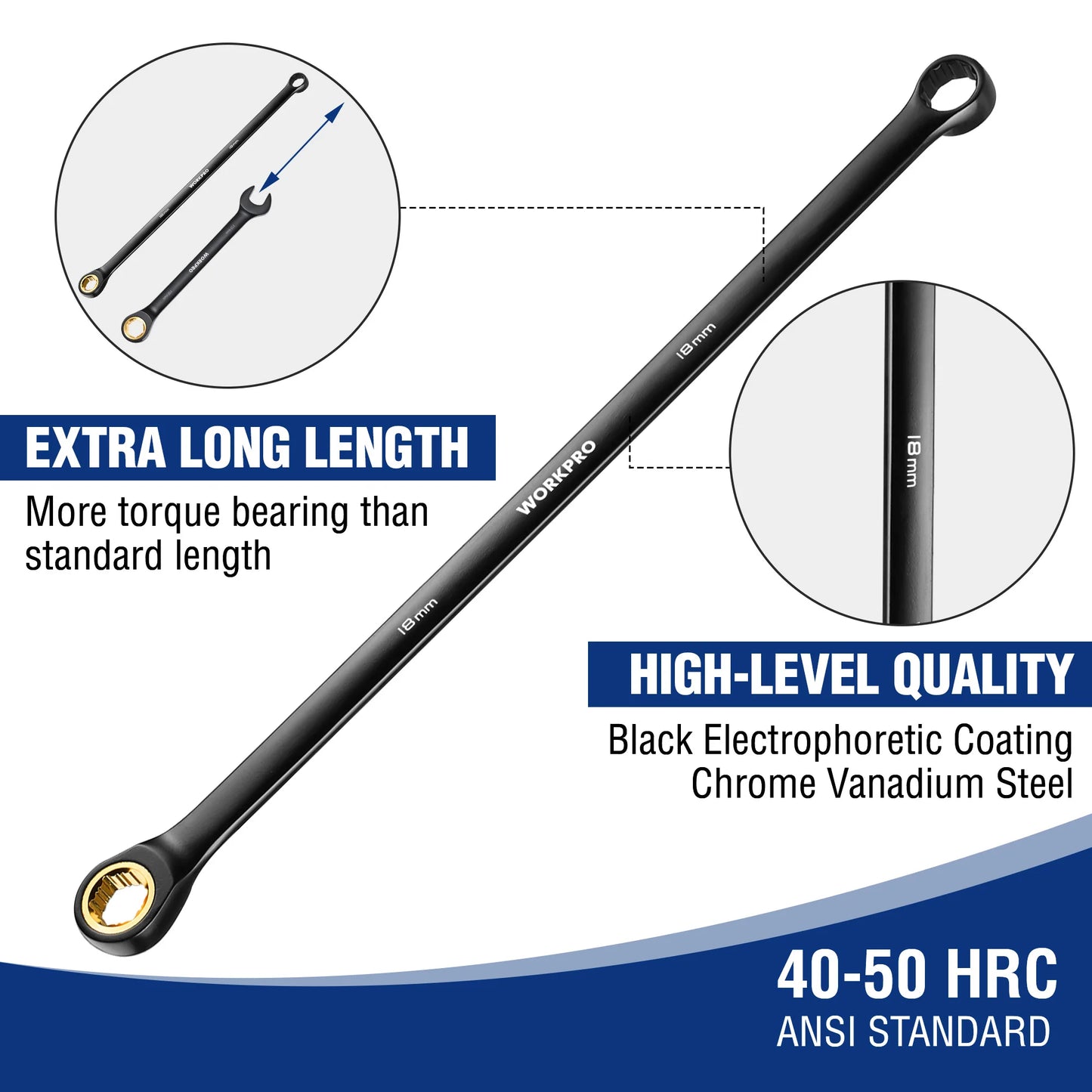 WORKPRO 10 Piece 72 Tooth Extra Long Ratcheting Wrench Set