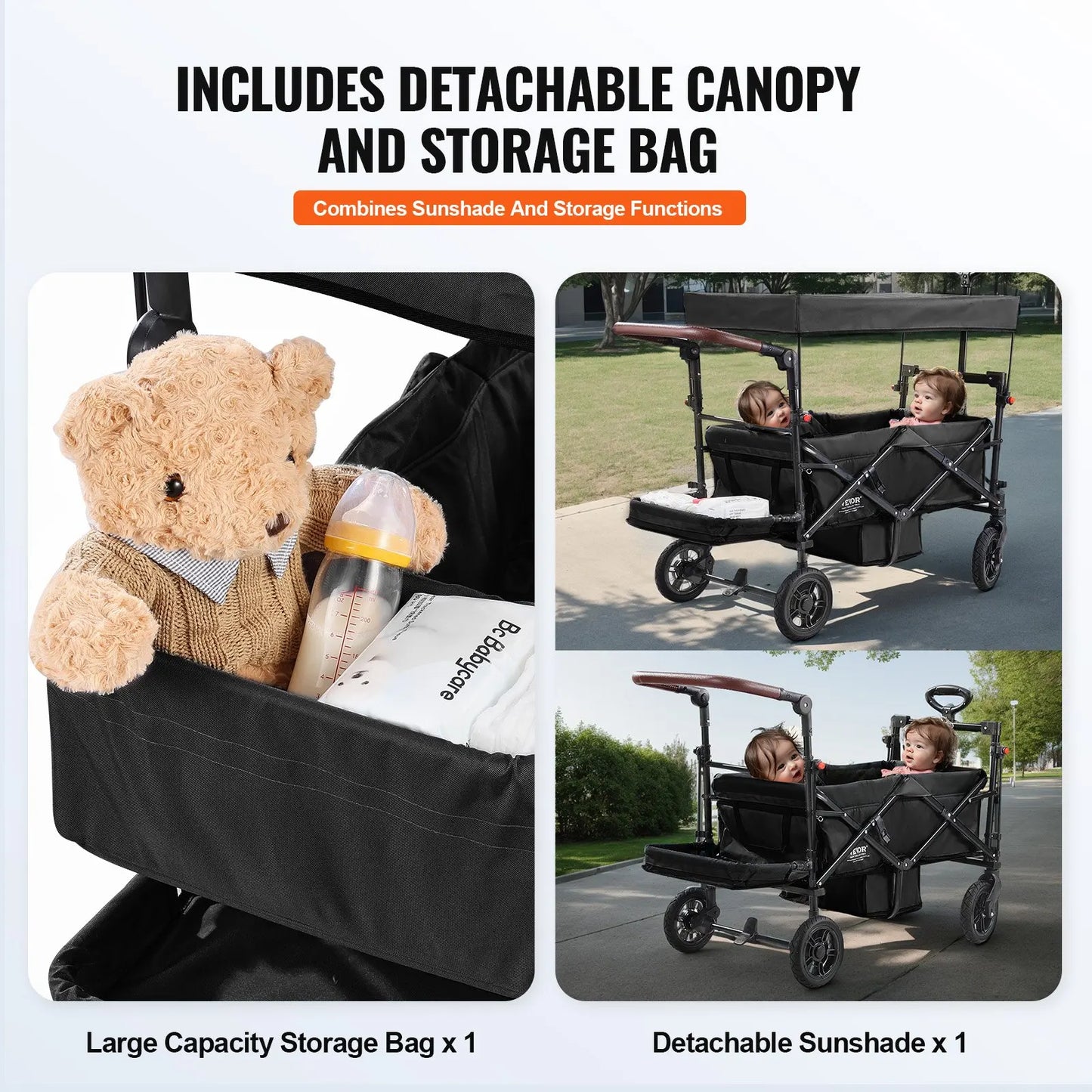 Quad Wagon Stroller For Two Kids, Collapsible With Adjustable Handle