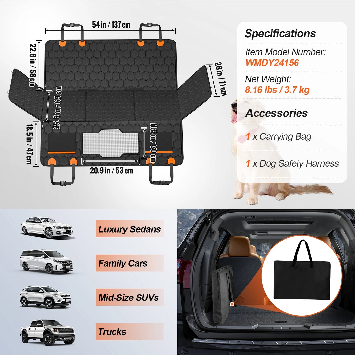 Dog Car Seat Cover Hammock Back Seat Extender With Mesh Window Pocket 350 Lbs