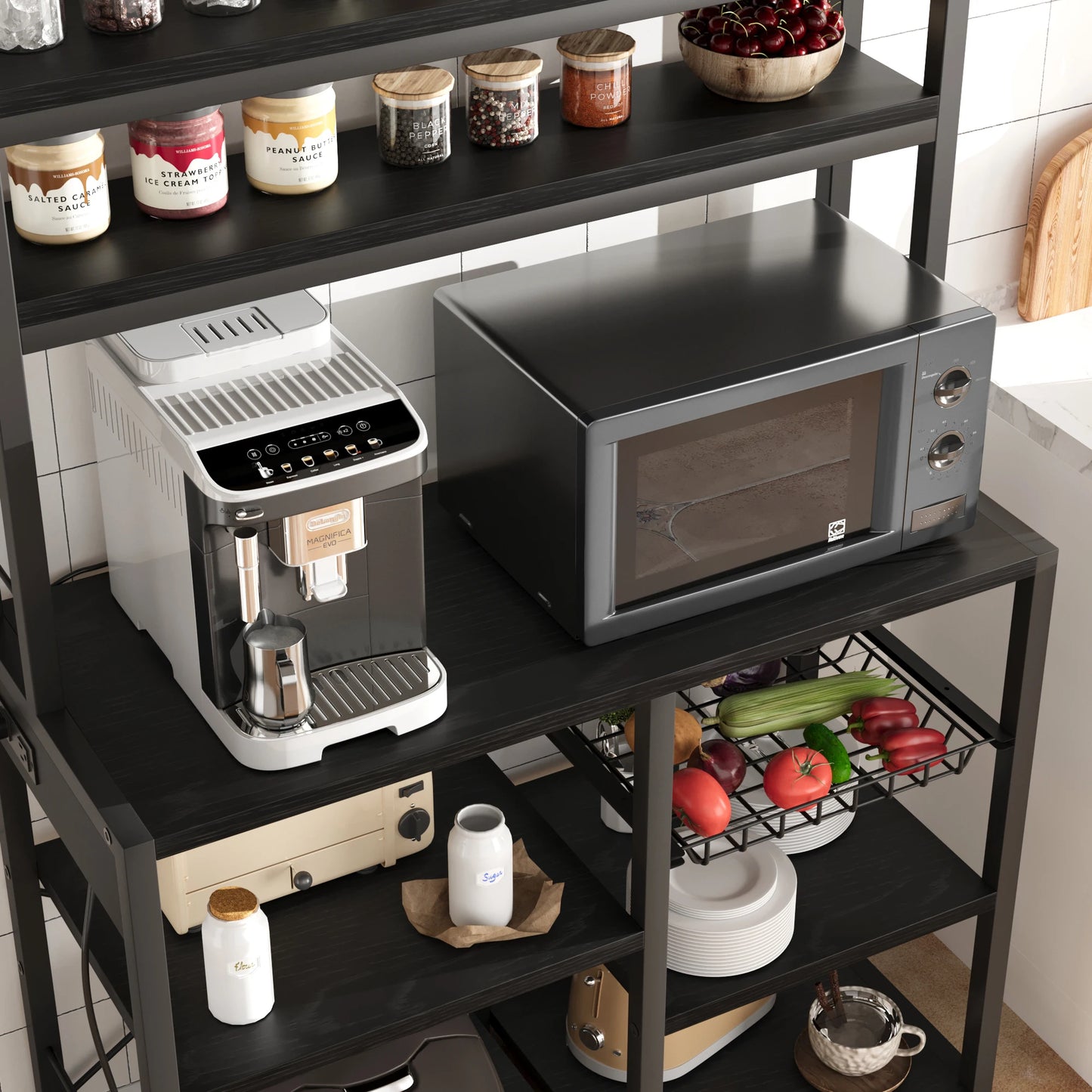 Six Tier Bakers Rack With Power Outlet And Wire Drawer