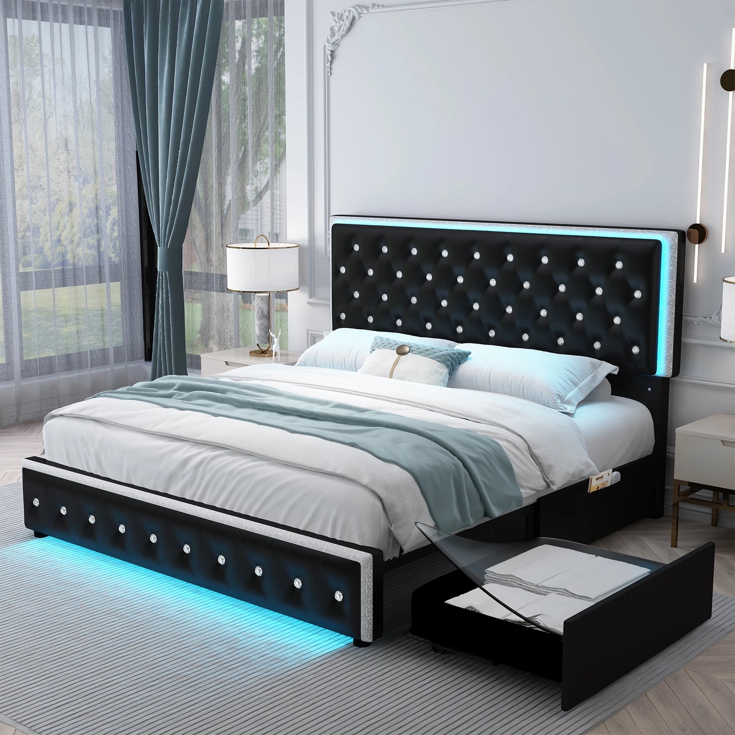Queen LED PU Bed Frame With Storage Drawers And Pockets