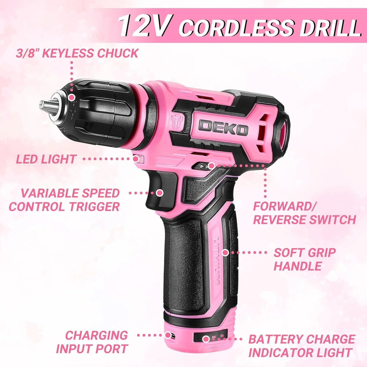 DEKO 12V Cordless Drill Tool Set With Storage Organizer Case