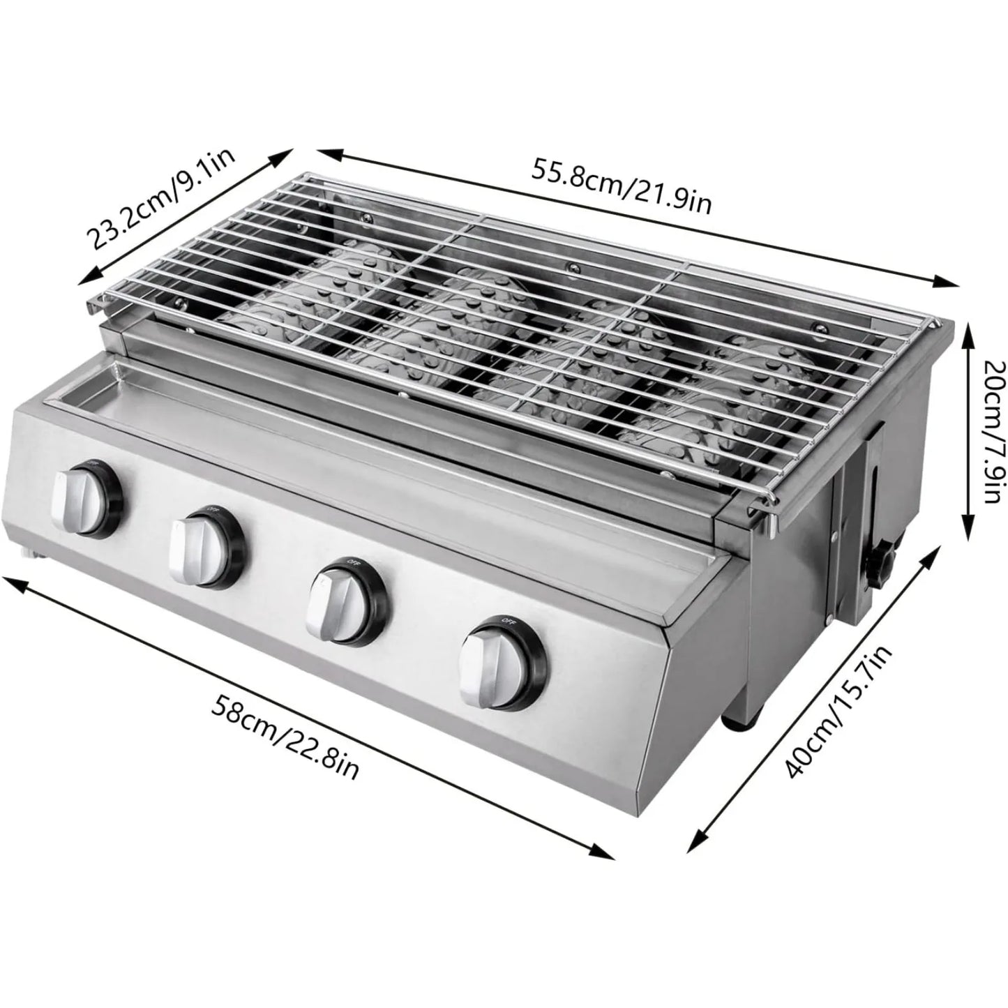 Stainless Steel 4-Burner Tabletop Propane Gas Grill Smokeless For Camping
