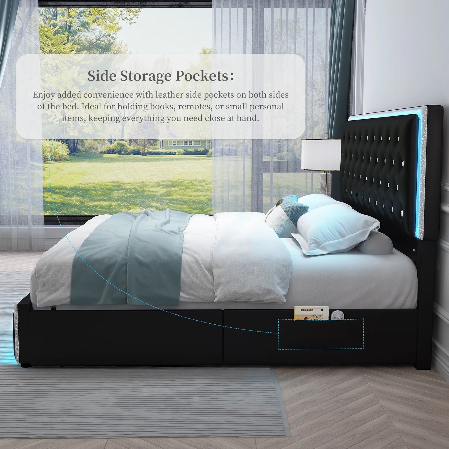 Queen LED PU Bed Frame With Storage Drawers And Pockets