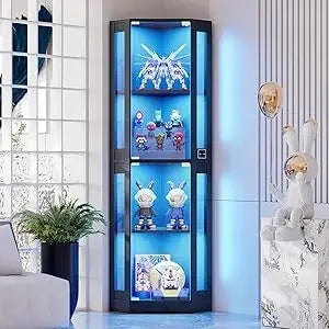 Corner Glass Display Cabinet with LED Lights, 4-Tier Showcase