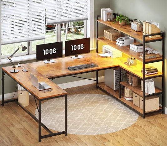 L Shaped Desk With Storage Shelves And Power Outlet