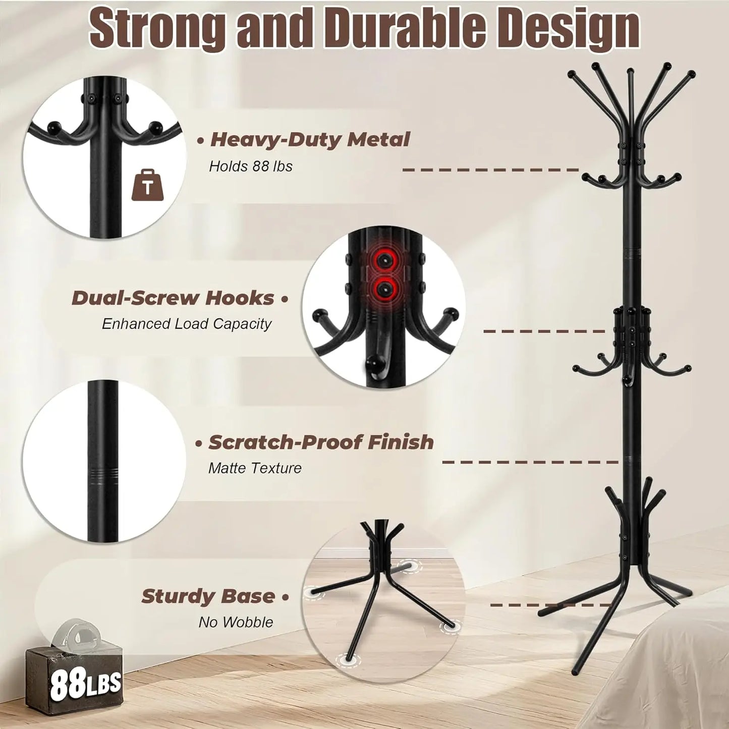 Freestanding Coat Rack With 15 Hooks Metal Hall Tree For Entryway