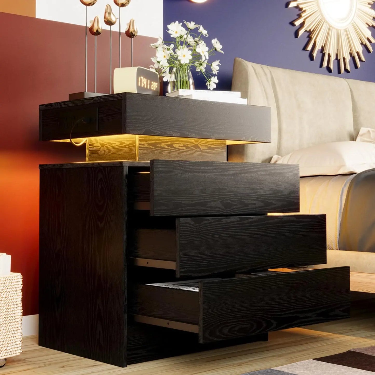 LIKIMIO Modern Night Stand With Charging Station And LED Light