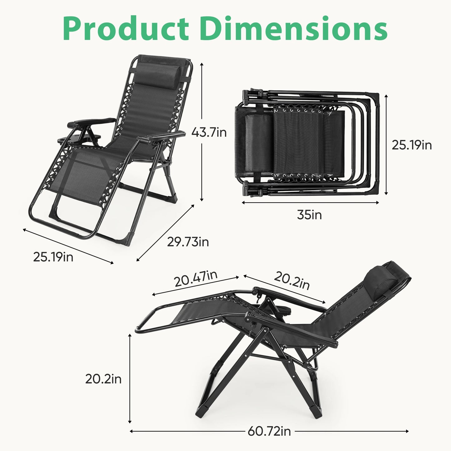 JHK Zero Gravity Recliner Outdoor Folding Lounge Chair With Cup Holder Trays