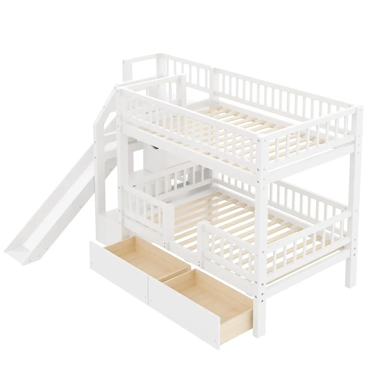 Twin Over Twin Bunk Bed With Slide Staircase And Drawers