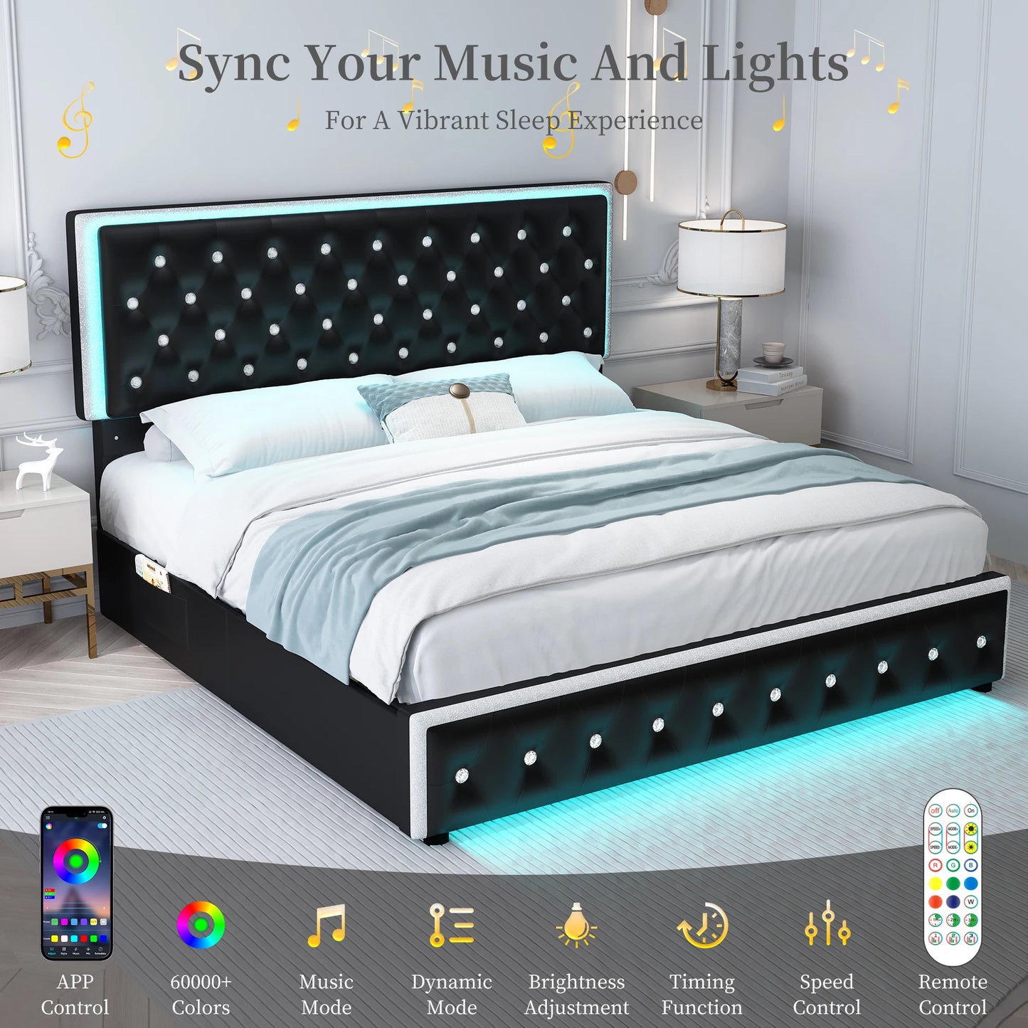 Queen LED PU Bed Frame With Storage Drawers And Pockets