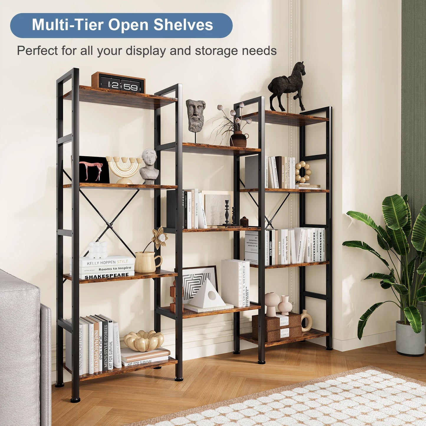 JHK 4 Tier Wide Display Bookshelf With Adjustable Shelves
