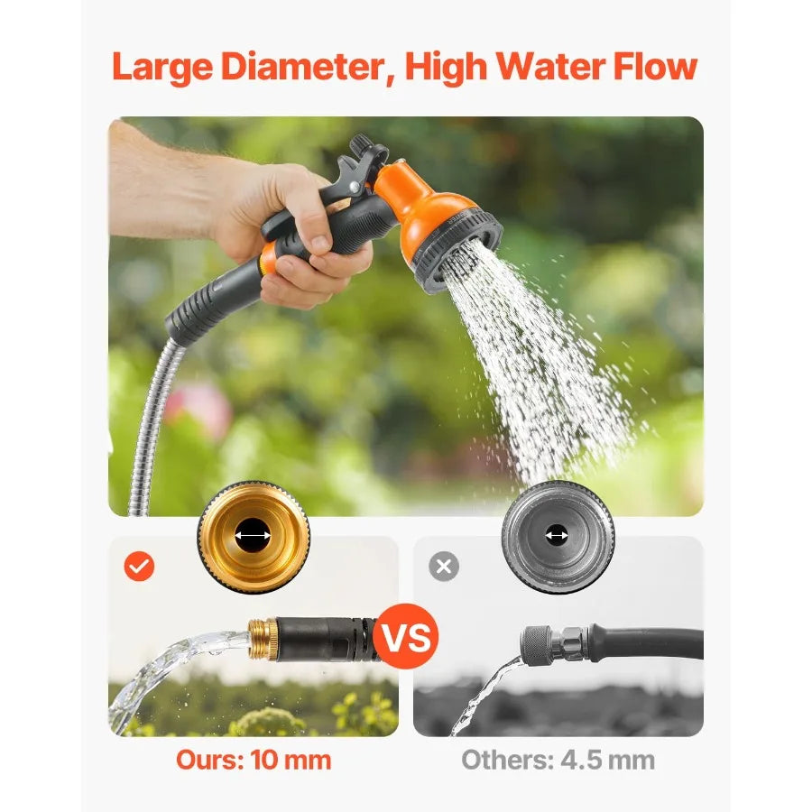 Metal Garden Hose Stainless Steel Flexible No-Kink With 10-Function Nozzle