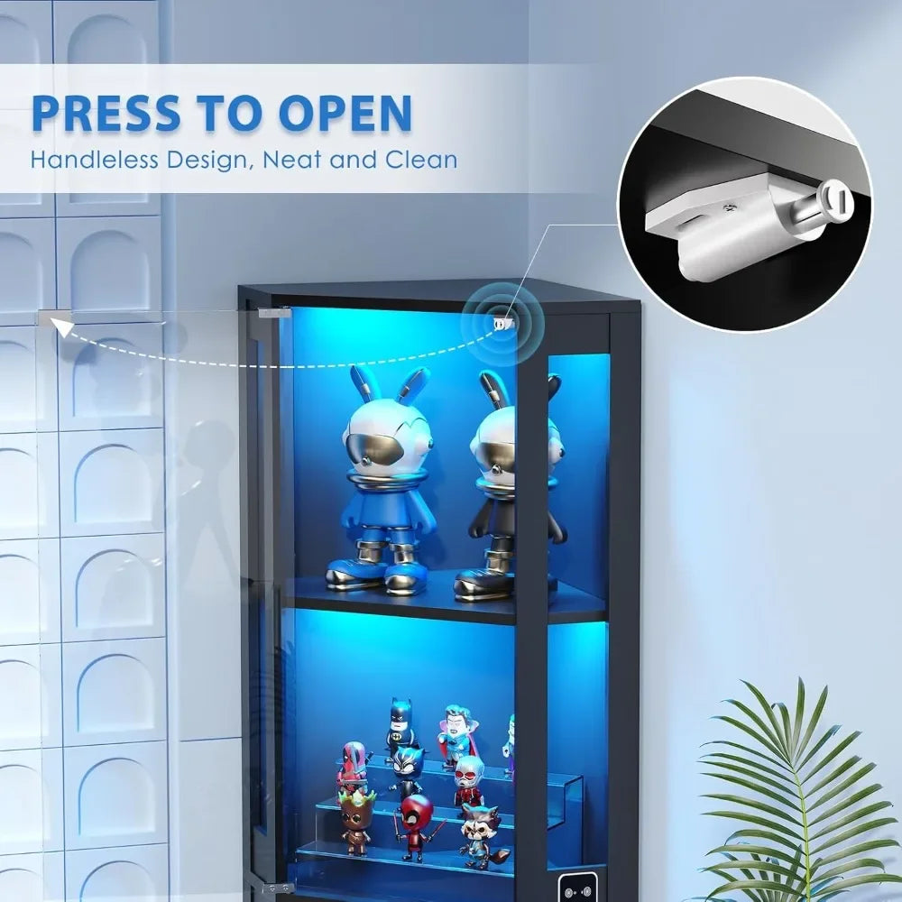 Corner Glass Display Cabinet with LED Lights, 4-Tier Showcase