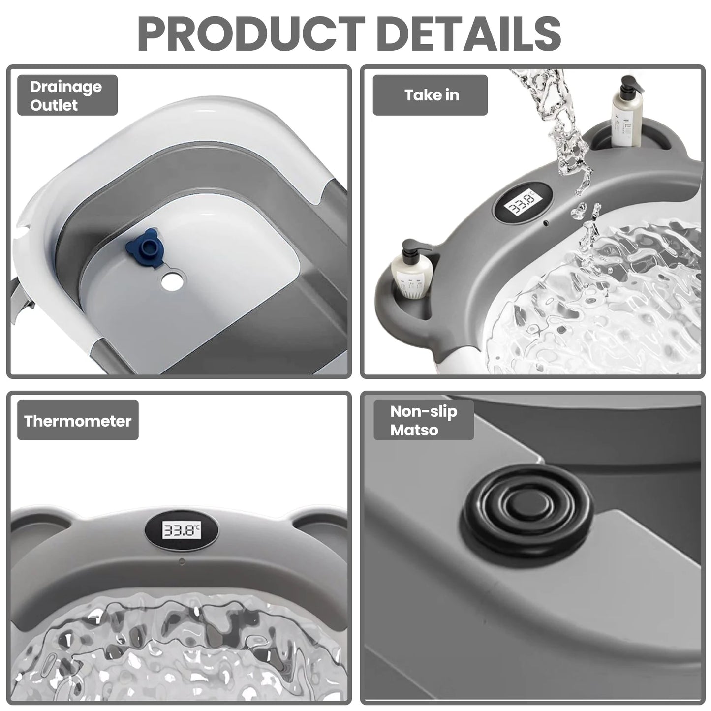 Portable Travel Baby Bathtub Collapsible With Thermometer And Drain