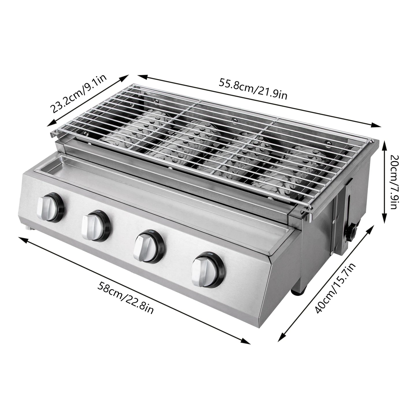 Stainless Steel 4-Burner Tabletop Propane Gas Grill Smokeless For Camping