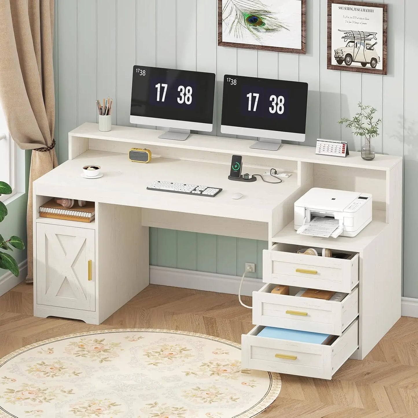 MOYU Farmhouse Computer Desk With Drawers And Printer Stand