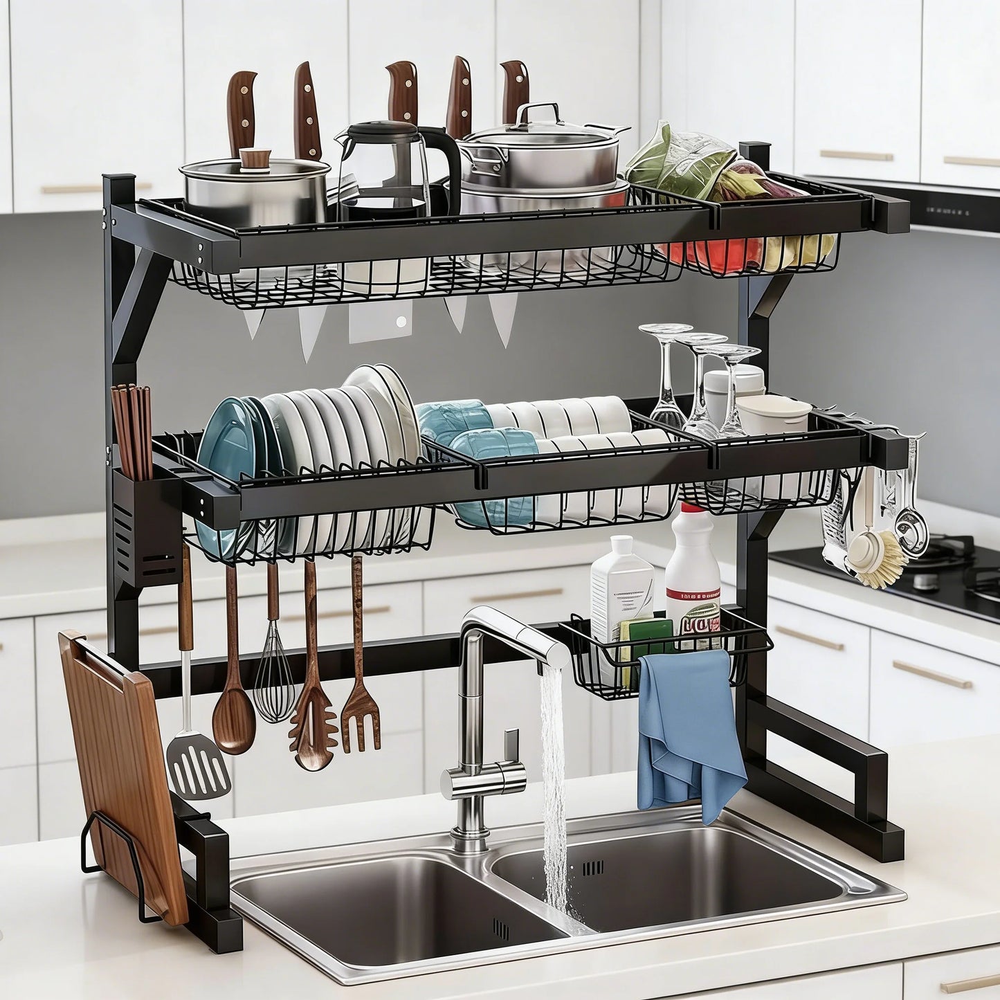 Space Saving Over Sink Dish Drying Rack With Adjustable Shelves