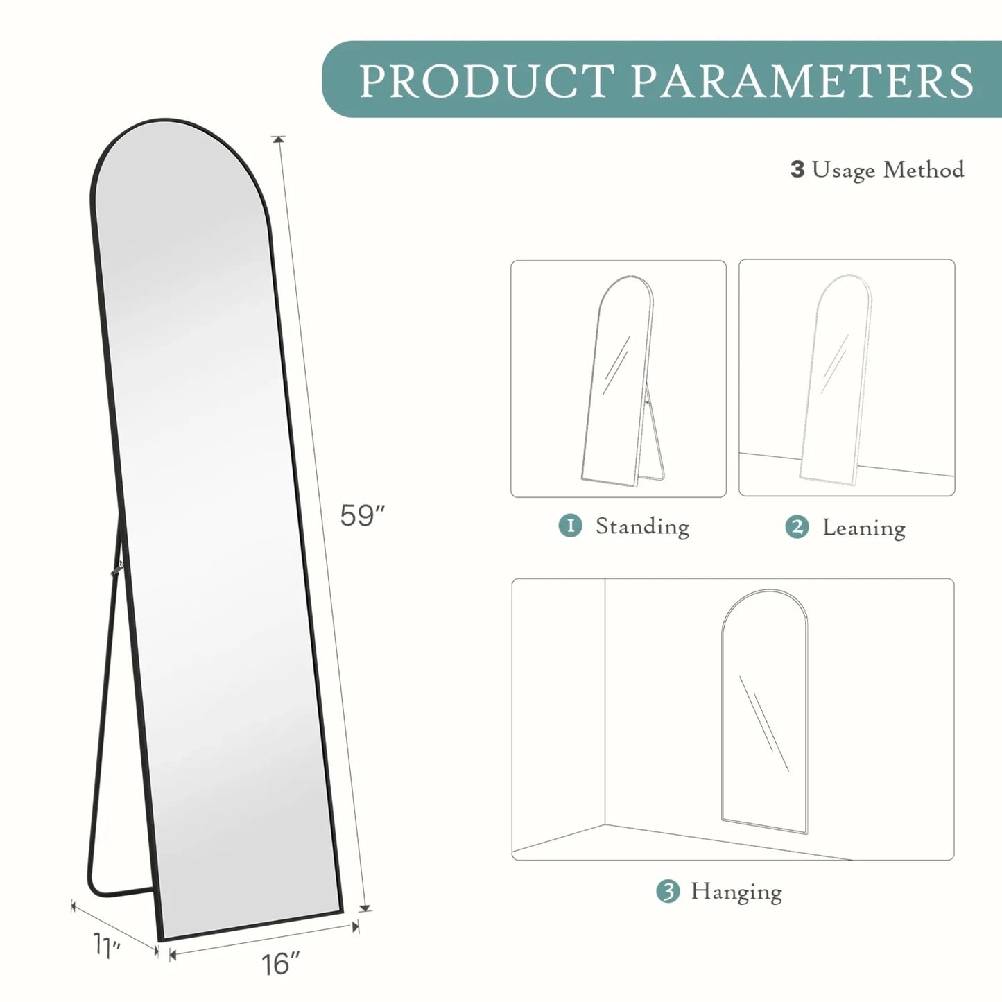 Arched Full-Length Mirror With Aluminum Frame For Standing Bedroom Use