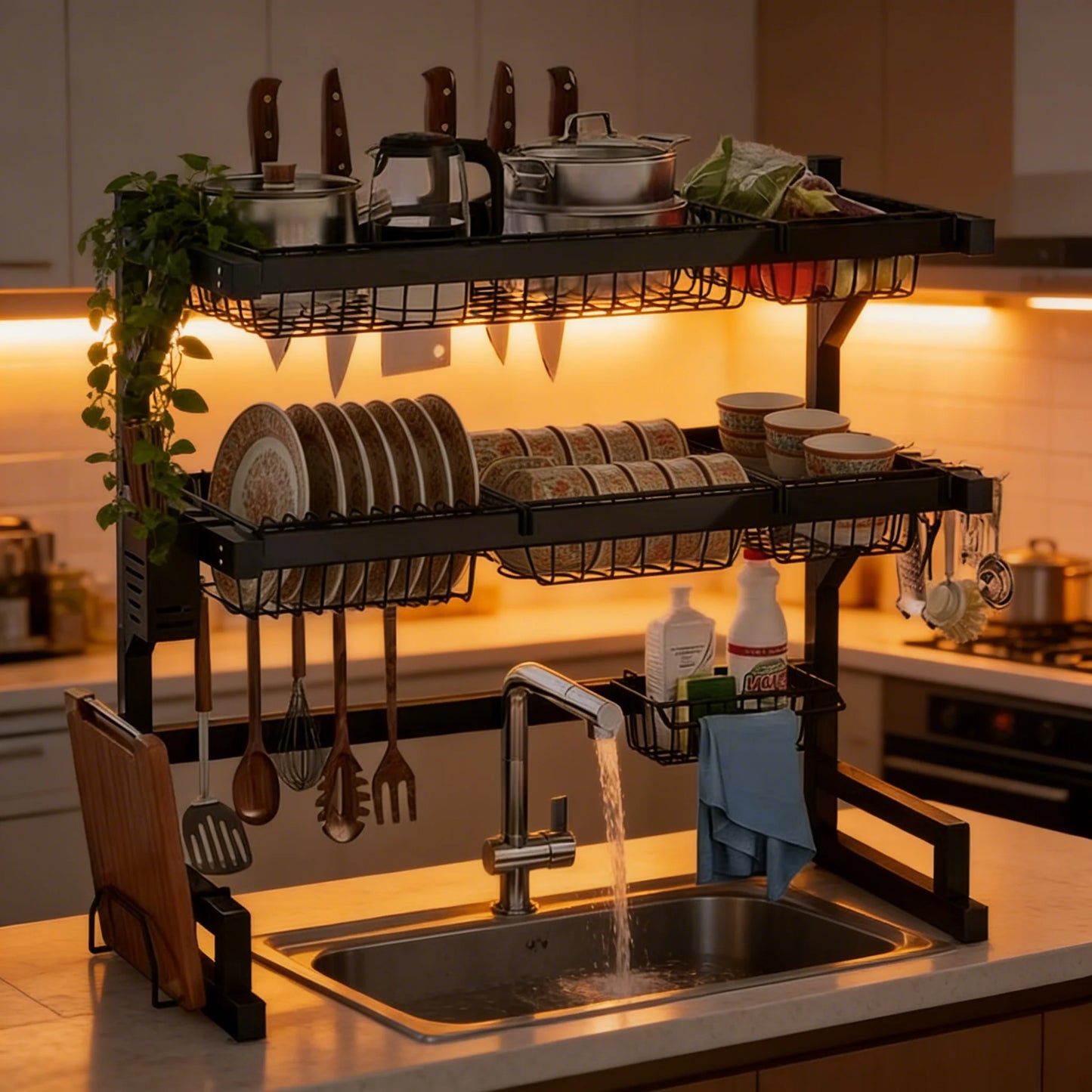 Space Saving Over Sink Dish Drying Rack With Adjustable Shelves