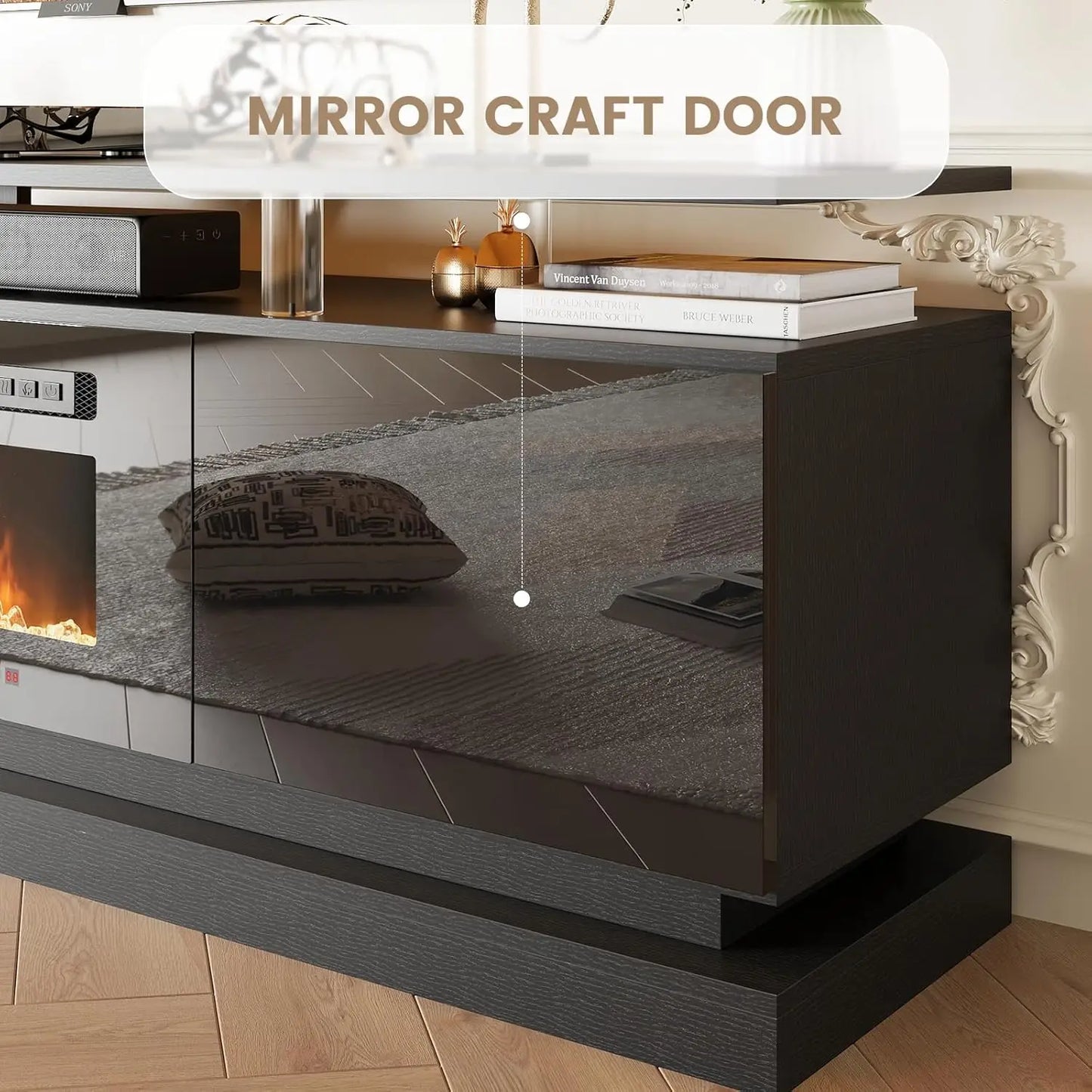 Modern Fireplace TV Stand With Glass Doors And Storage